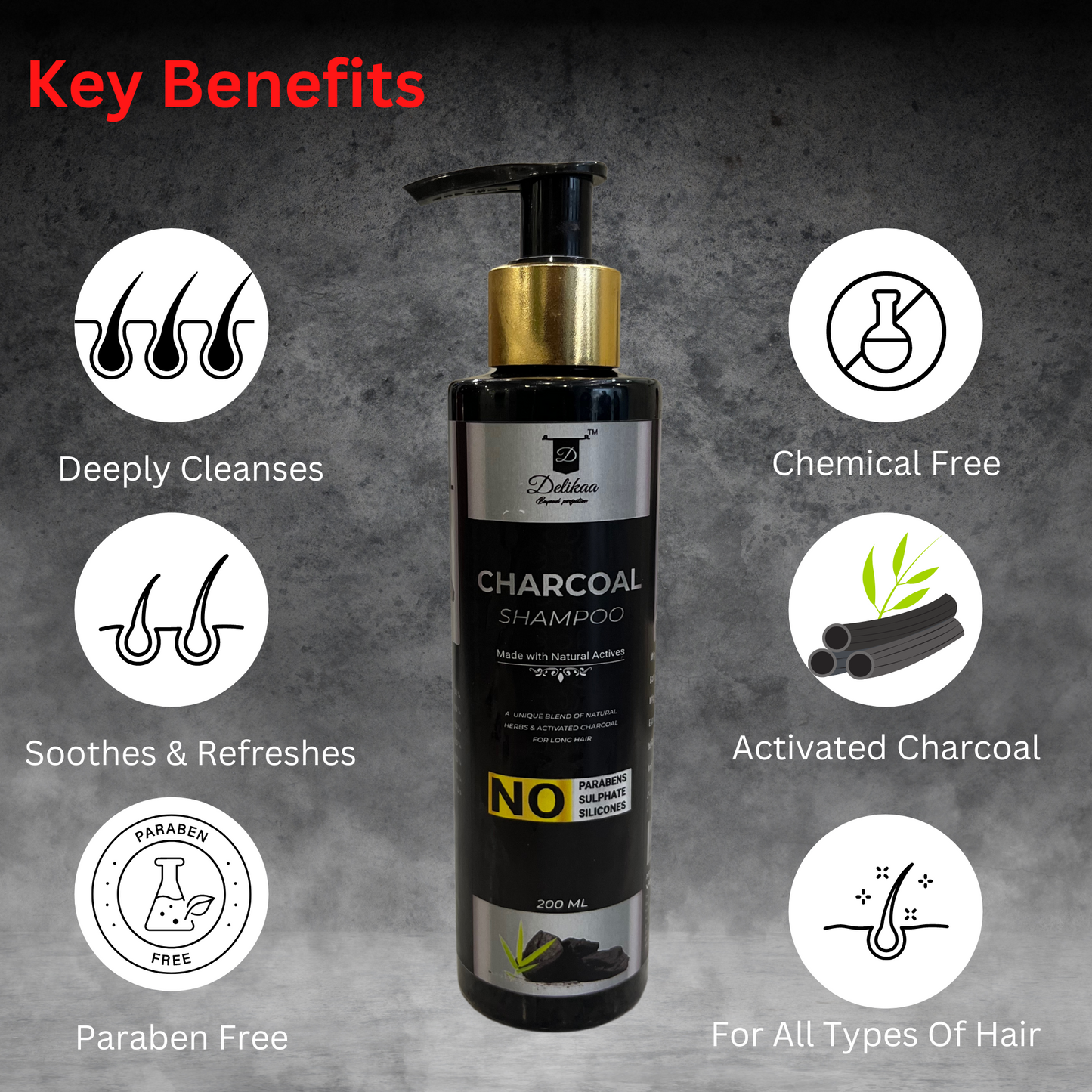 Delikaa Charcoal Shampoo - 200ml | Purifying, Detoxifying Formula for Deep Cleansing of Hair and Scalp