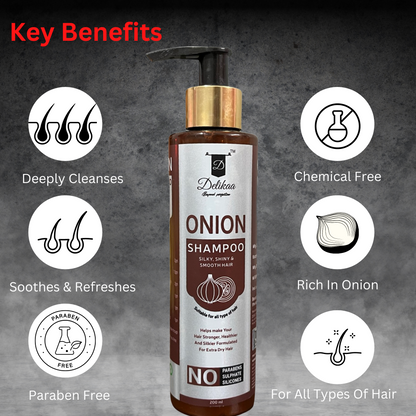 Delikaa Onion Shampoo - 200ml | With Aloevera Curry Leaf Amla And Neem Oil For Hair Fall Control & Hair Growth Natural Free From Harmful Chemicals