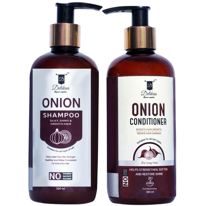 delikaa onion hair conditioner and onion shampoo combo for strong shiny and silky hair natural free from harmful chemicals & toxins. no parabens, sulphate,silicones,colors. it improves hair growth reduces hair fall makes hair strong 