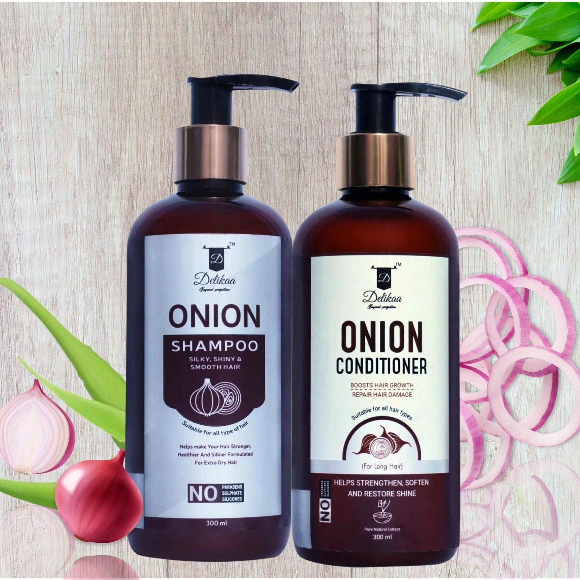 delikaa onion hair conditioner and onion shampoo combo for strong shiny and silky hair natural free from harmful chemicals & toxins. no parabens, sulphate,silicones,colors. it improves hair growth reduces hair fall makes hair strong 